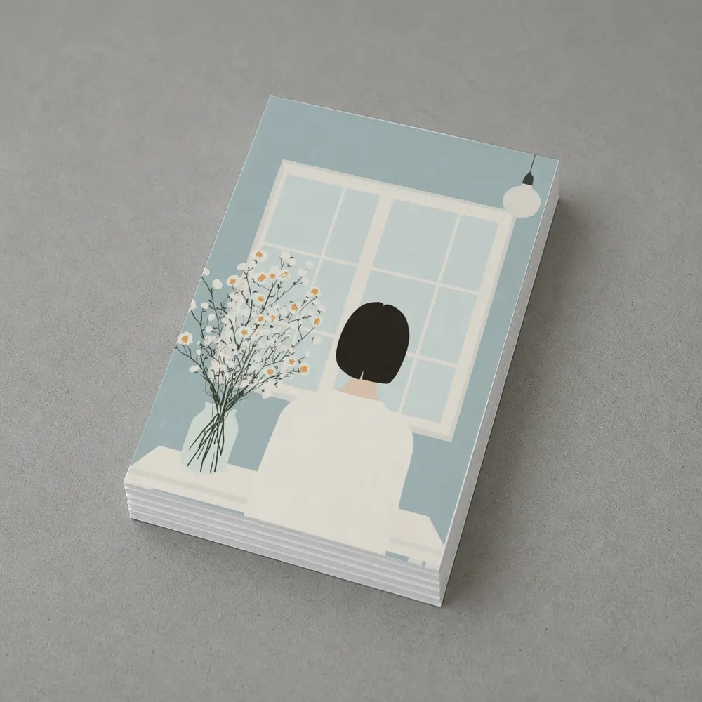 Woman Looking Out Window With Flowers – Postcards