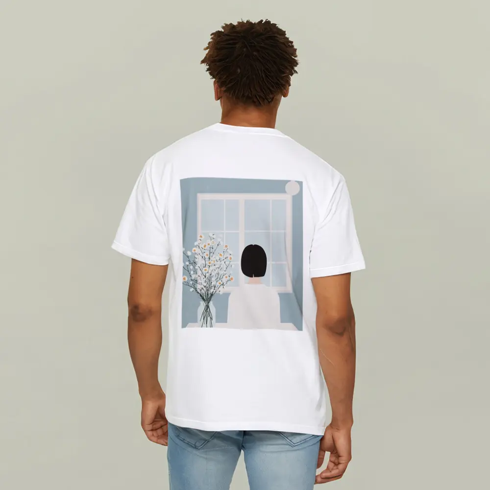 Woman Looking Out Window With Flowers – T-Shirts