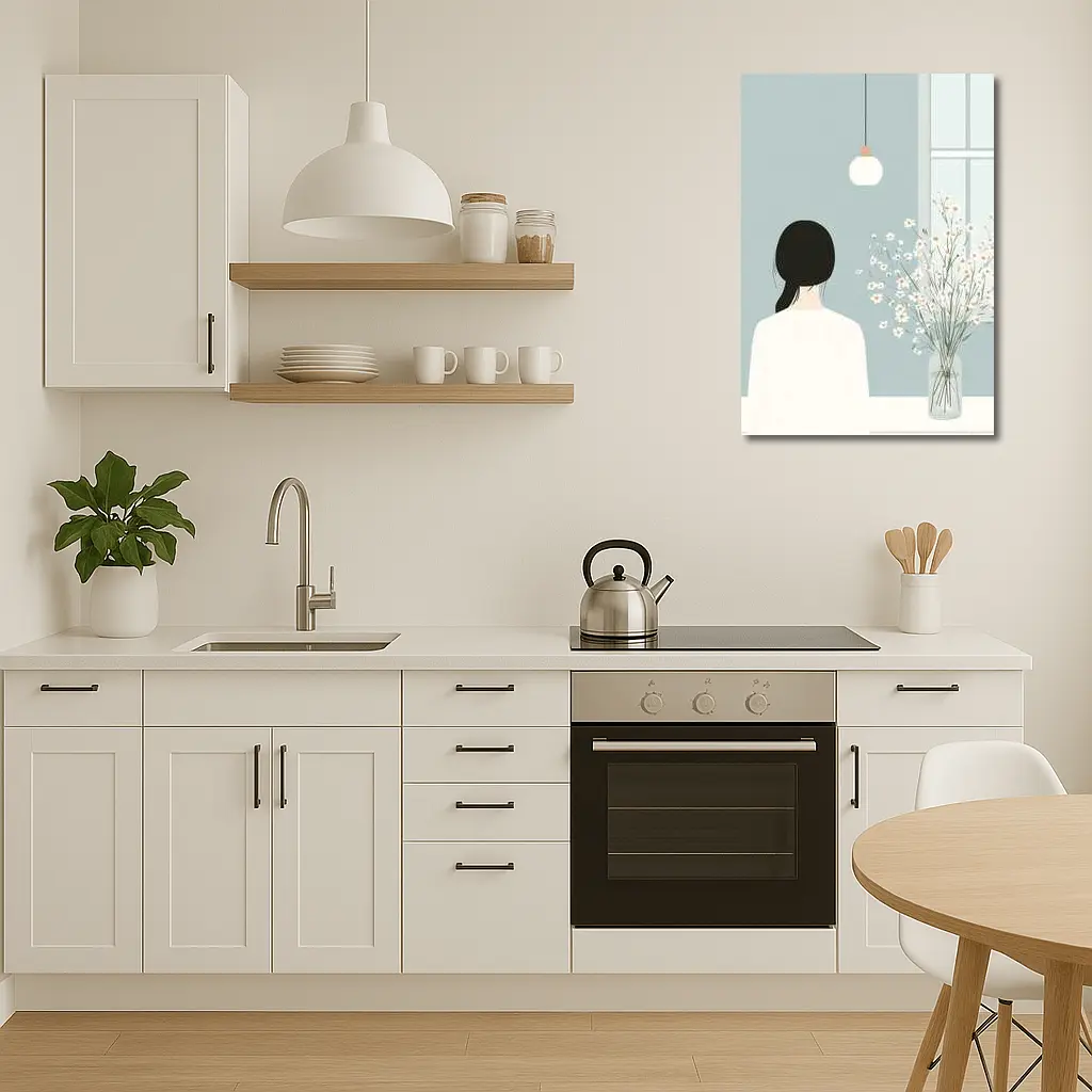 Minimalist Girl White Flowers Blue Room – Wall Art