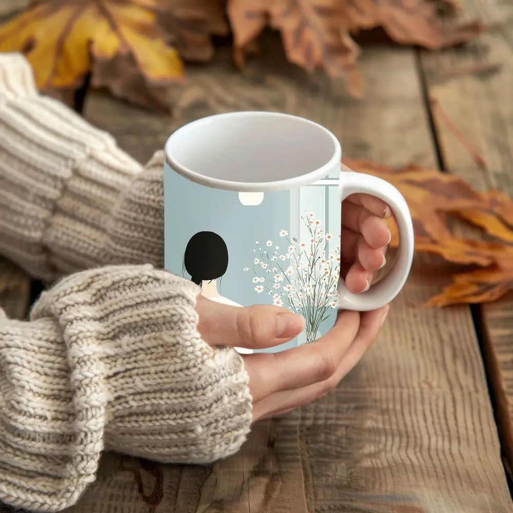 Minimalist Girl White Flowers Blue Room – Mugs