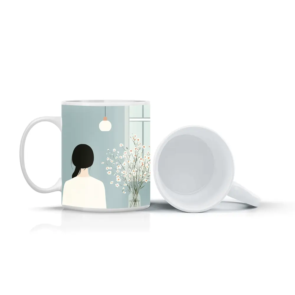 Minimalist Girl White Flowers Blue Room – Mugs