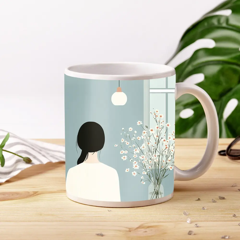 Minimalist Girl White Flowers Blue Room – Mugs