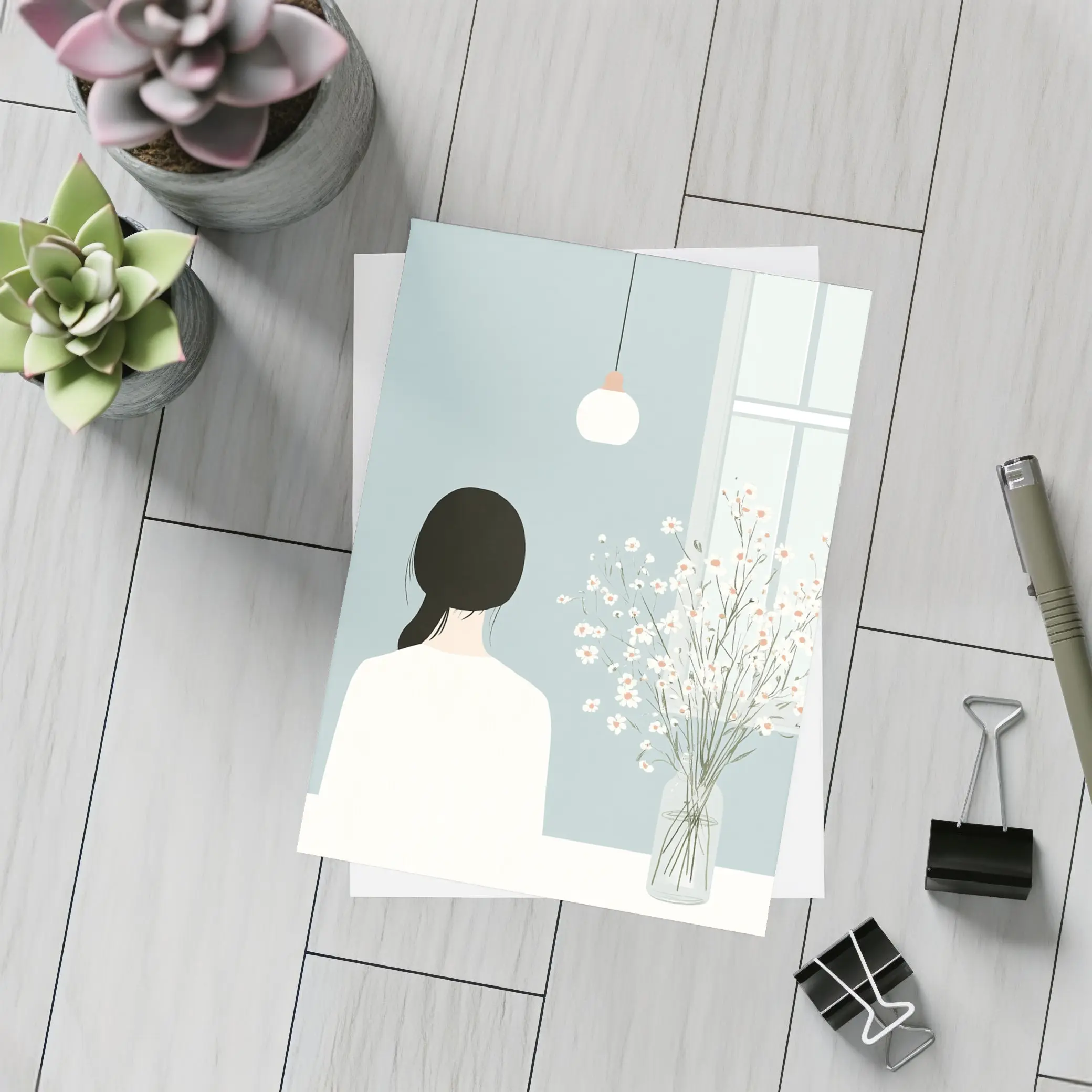 Minimalist Girl White Flowers Blue Room – Postcards