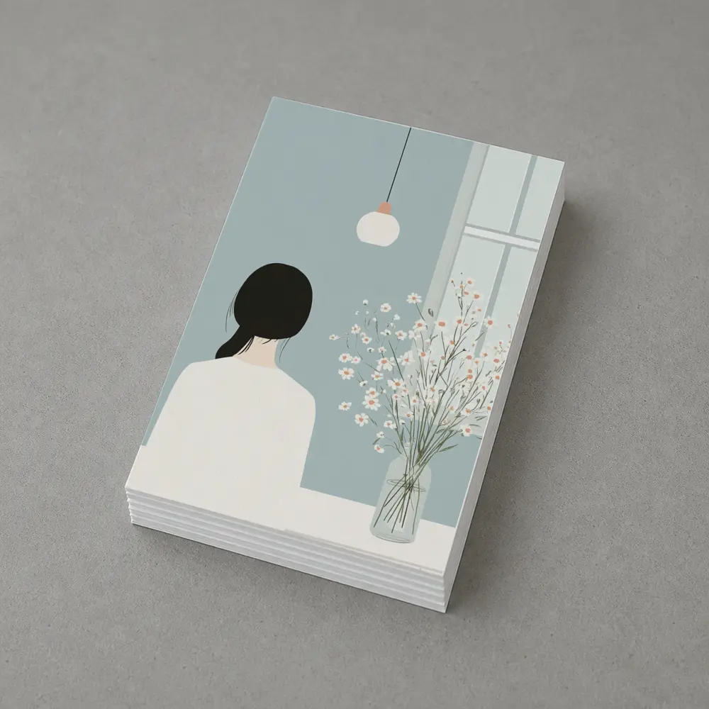 Minimalist Girl White Flowers Blue Room – Postcards