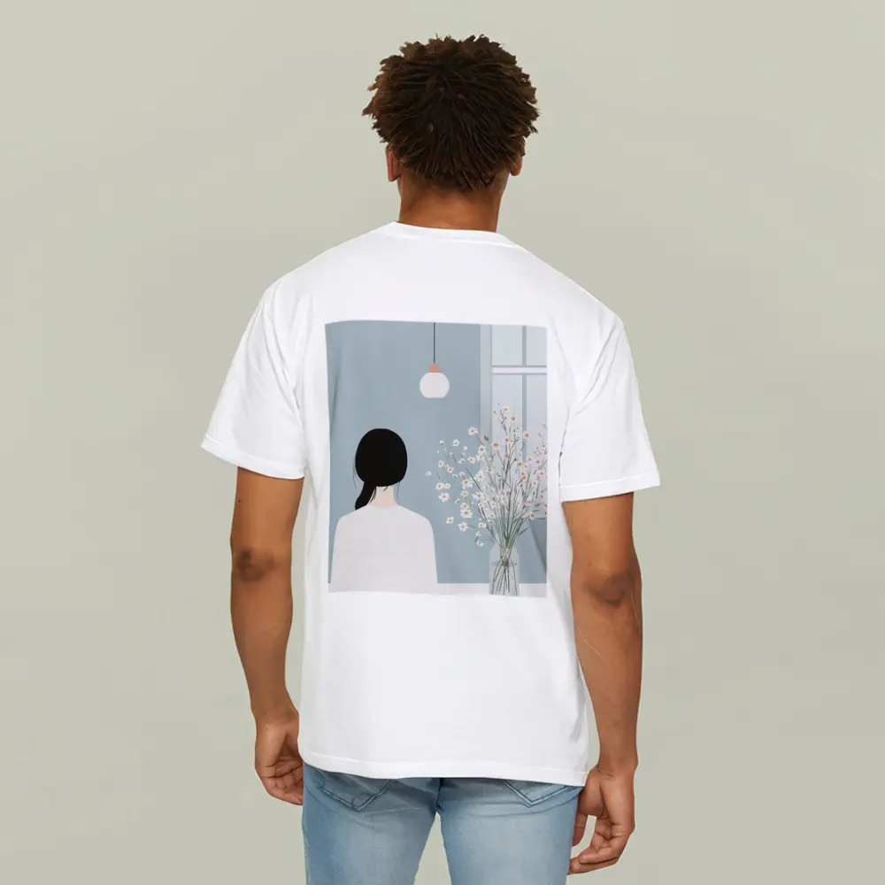 Minimalist Girl White Flowers Blue Room – T-Shirts