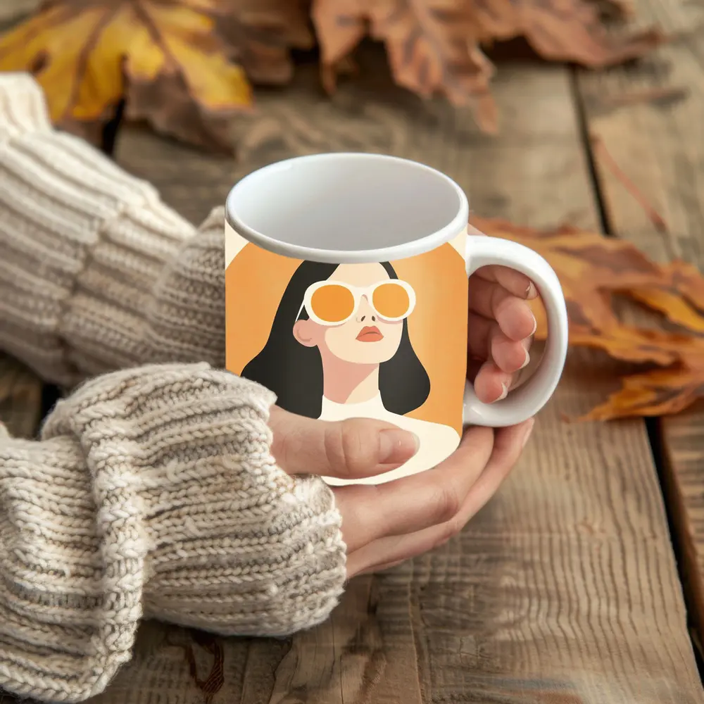 Minimalist Woman Portrait Orange Sunglasses Art – Mugs