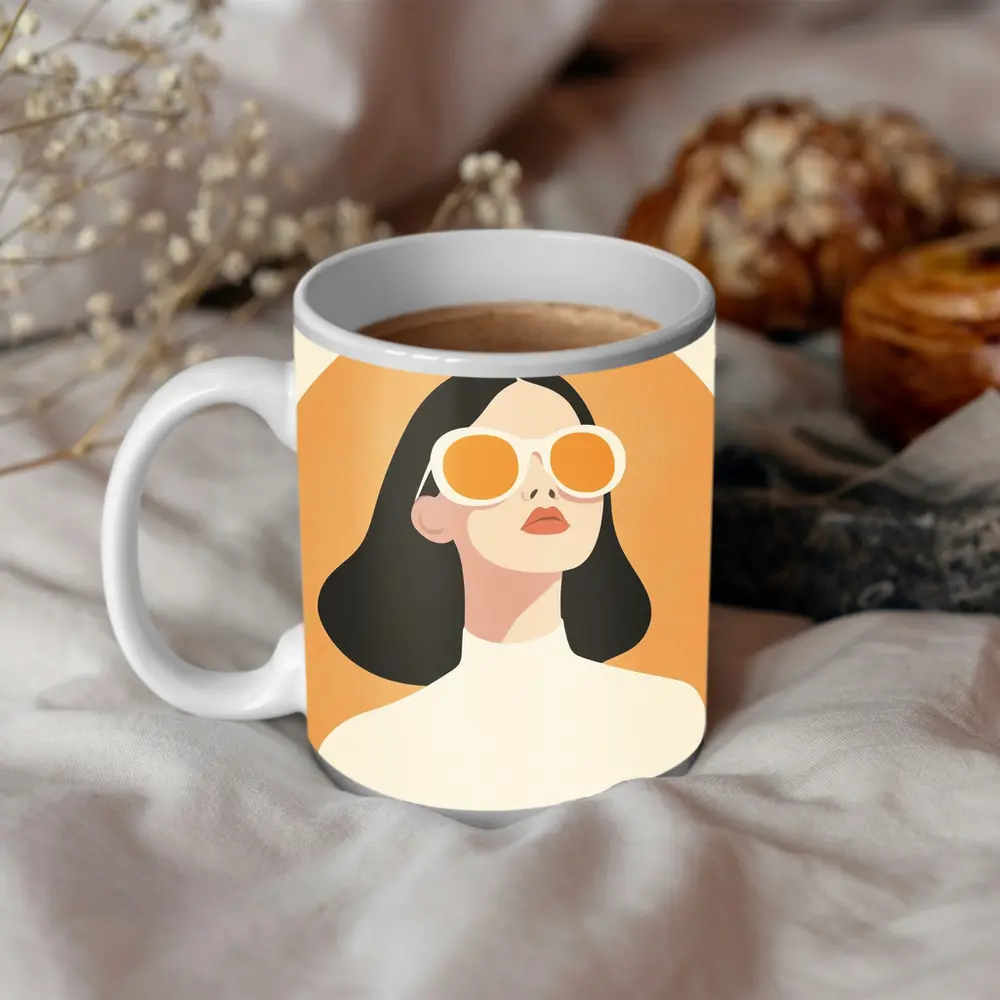 Minimalist Woman Portrait Orange Sunglasses Art – Mugs