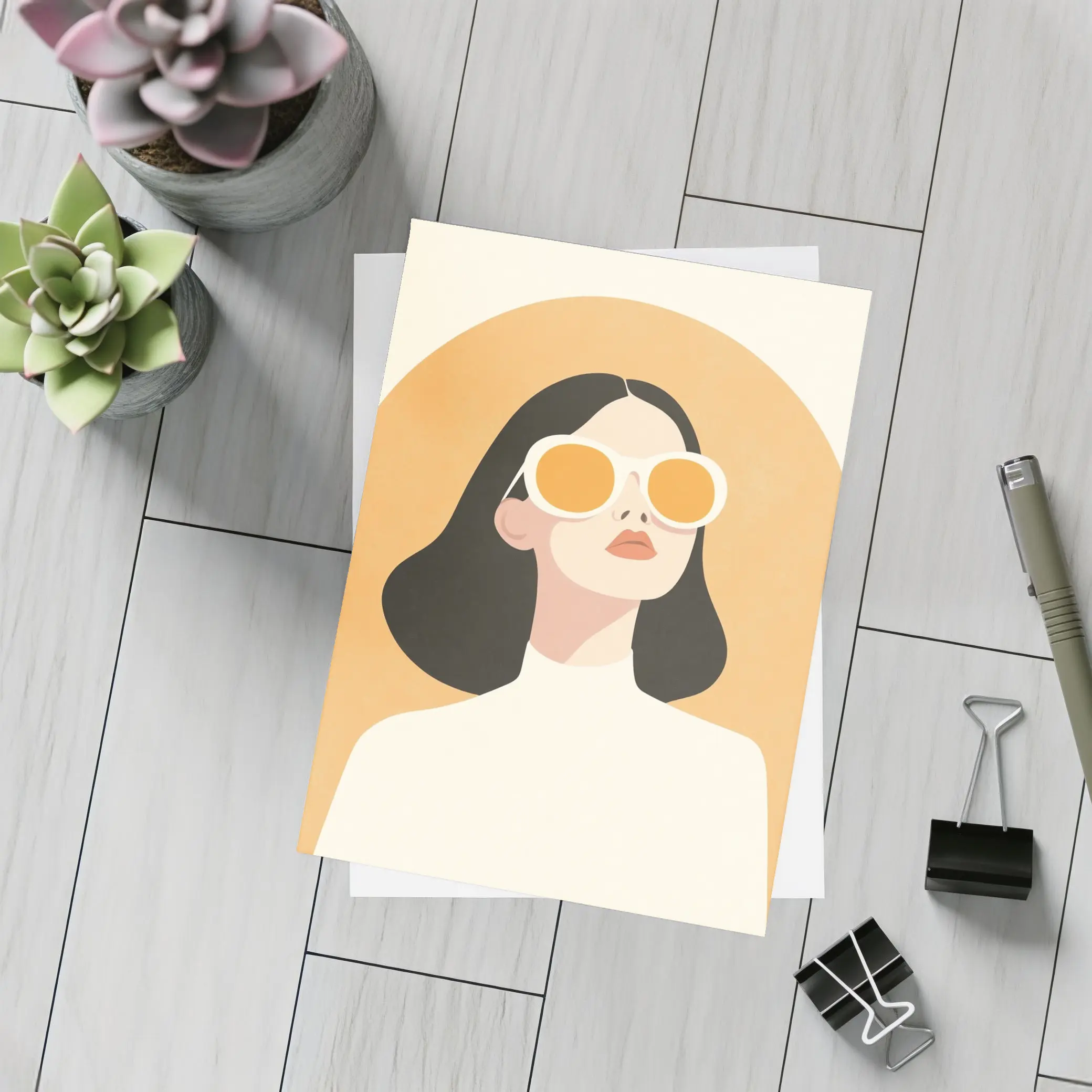 Minimalist Woman Portrait Orange Sunglasses Art – Postcards