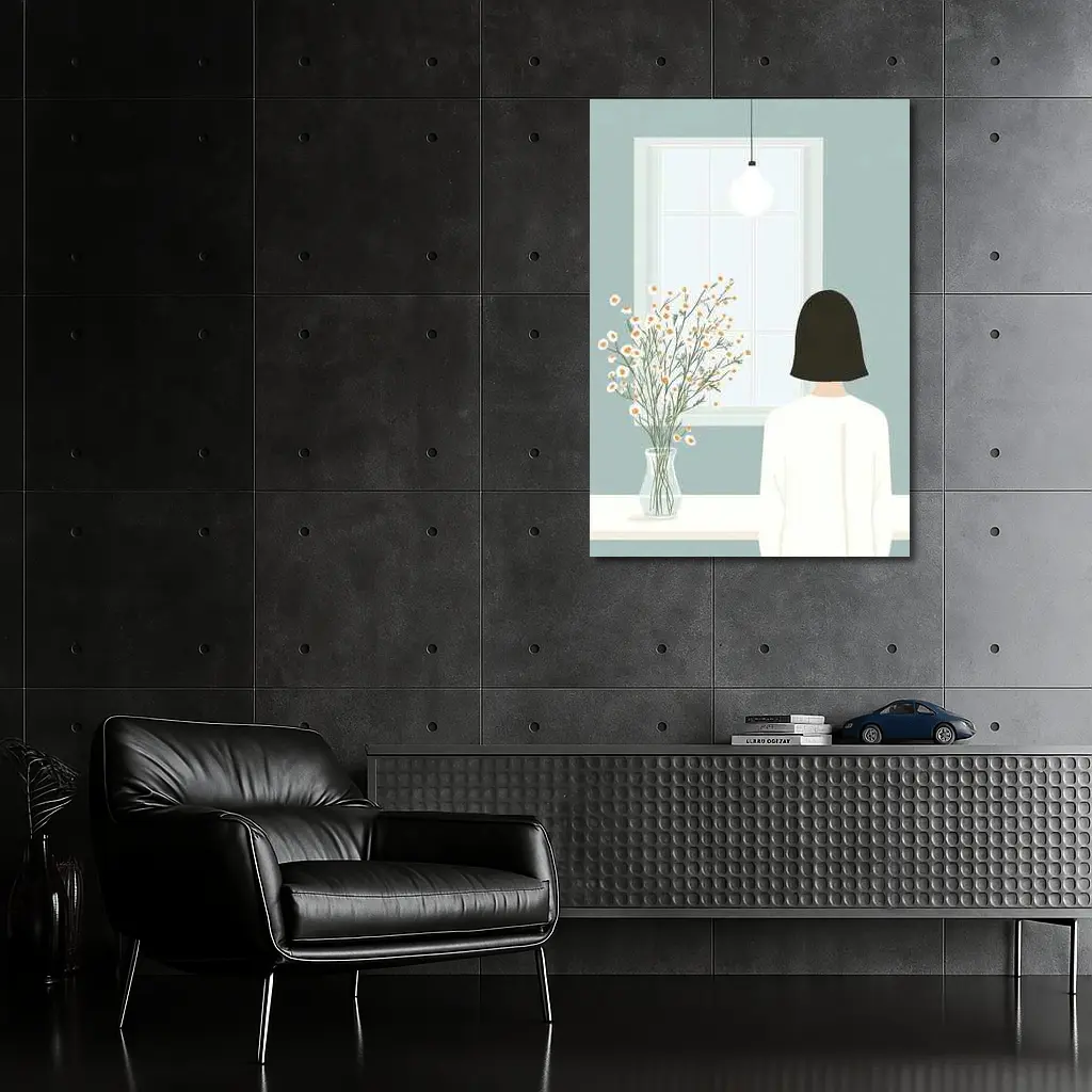 Woman By Window Daisy Flowers Illustration – Wall Art