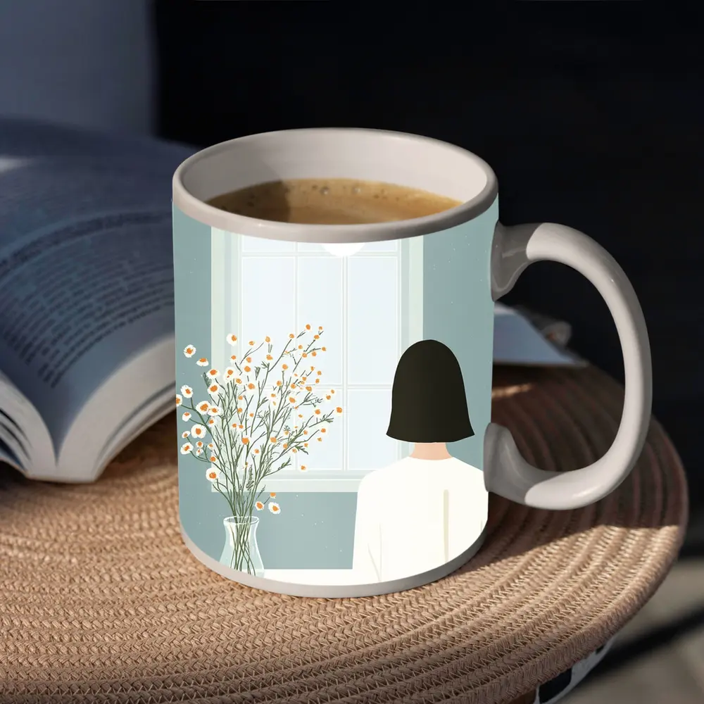 Woman By Window Daisy Flowers Illustration – Mugs