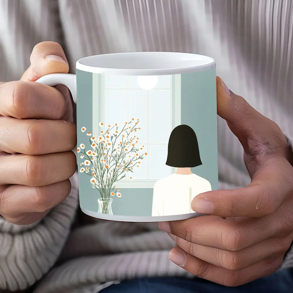 Woman By Window Daisy Flowers Illustration – Mugs