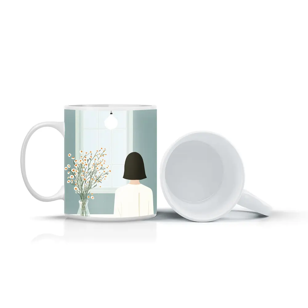 Woman By Window Daisy Flowers Illustration – Mugs