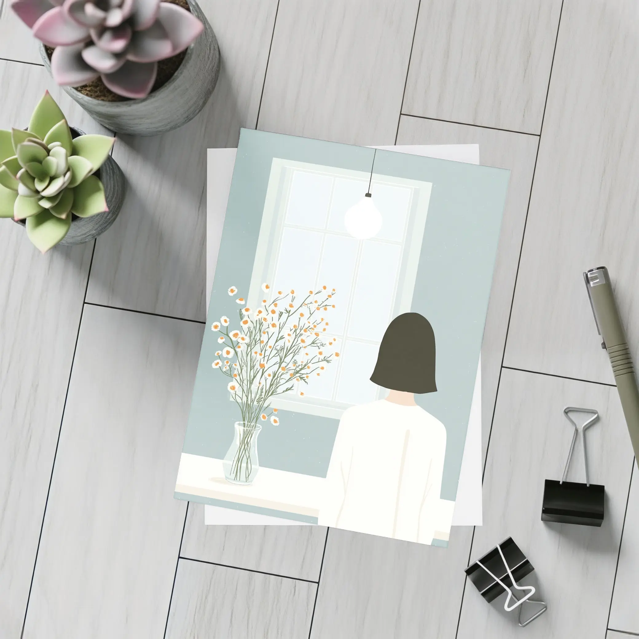 Woman By Window Daisy Flowers Illustration – Postcards