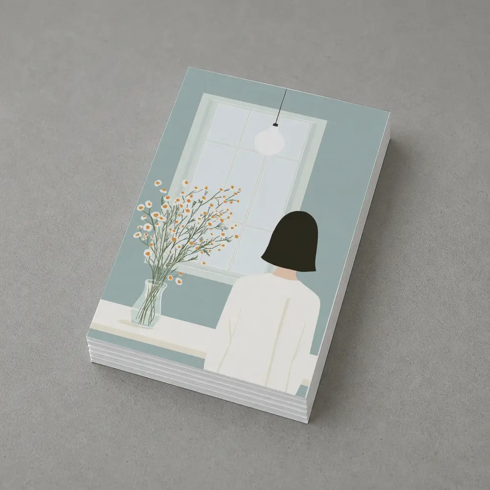 Woman By Window Daisy Flowers Illustration – Postcards