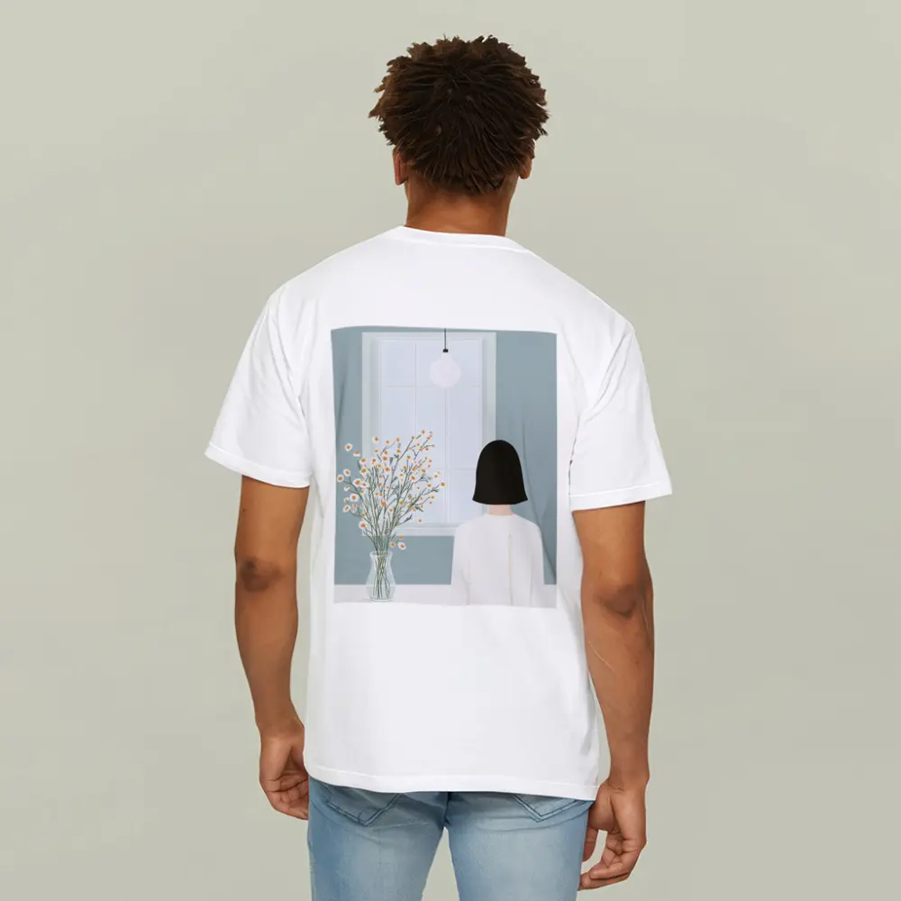 Woman By Window Daisy Flowers Illustration – T-Shirts