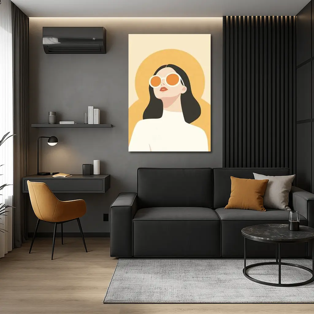 Retro Woman Sunglasses Yellow Sun Background – Wall Art