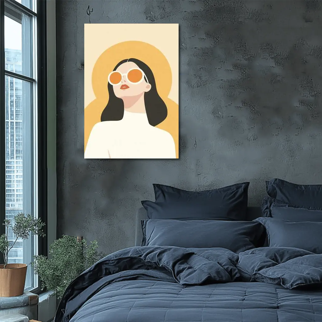 Retro Woman Sunglasses Yellow Sun Background – Wall Art