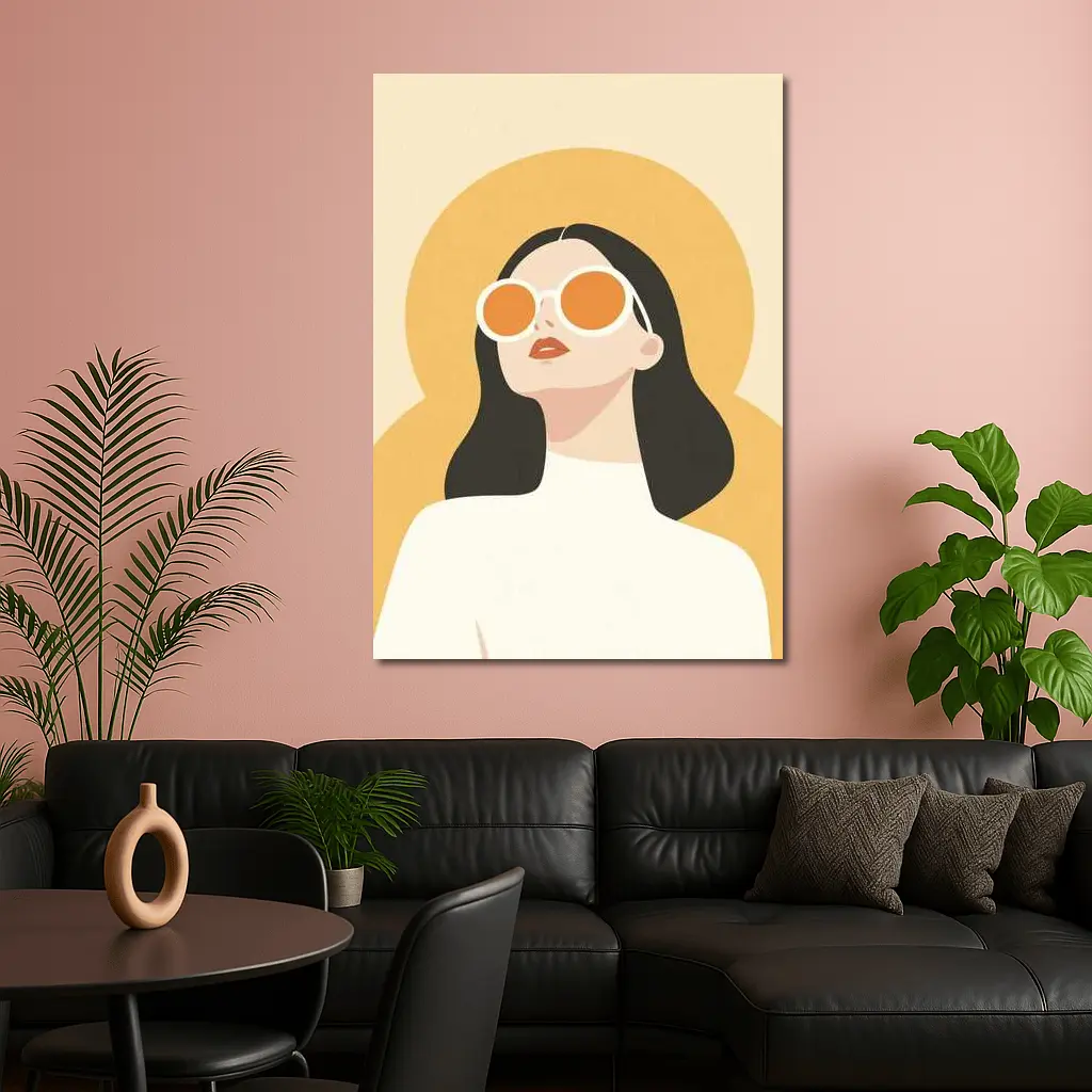 Retro Woman Sunglasses Yellow Sun Background – Wall Art