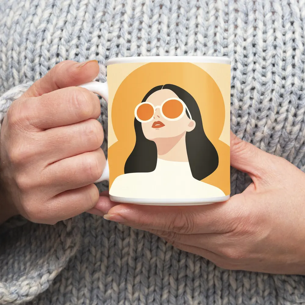 Retro Woman Sunglasses Yellow Sun Background – Mugs