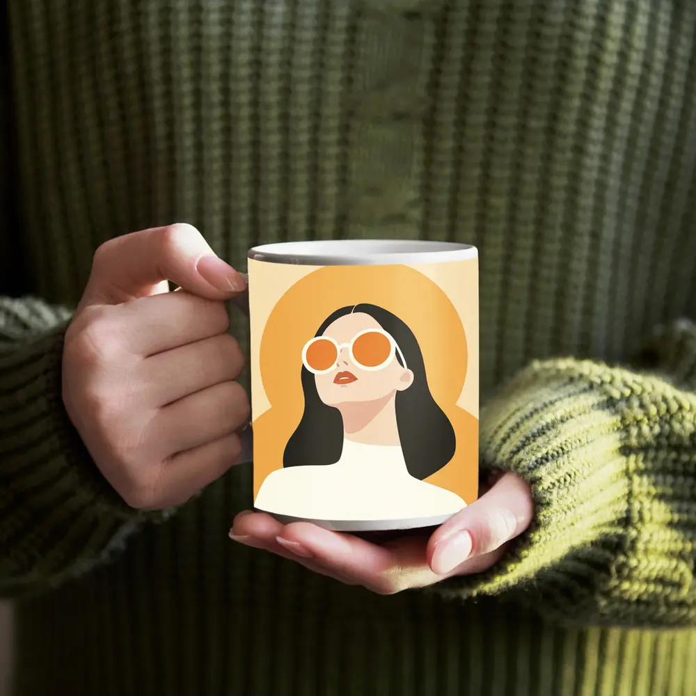 Retro Woman Sunglasses Yellow Sun Background – Mugs