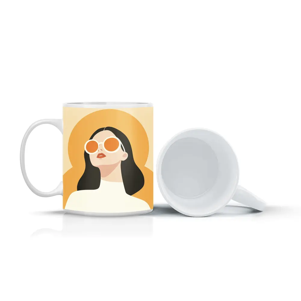 Retro Woman Sunglasses Yellow Sun Background – Mugs