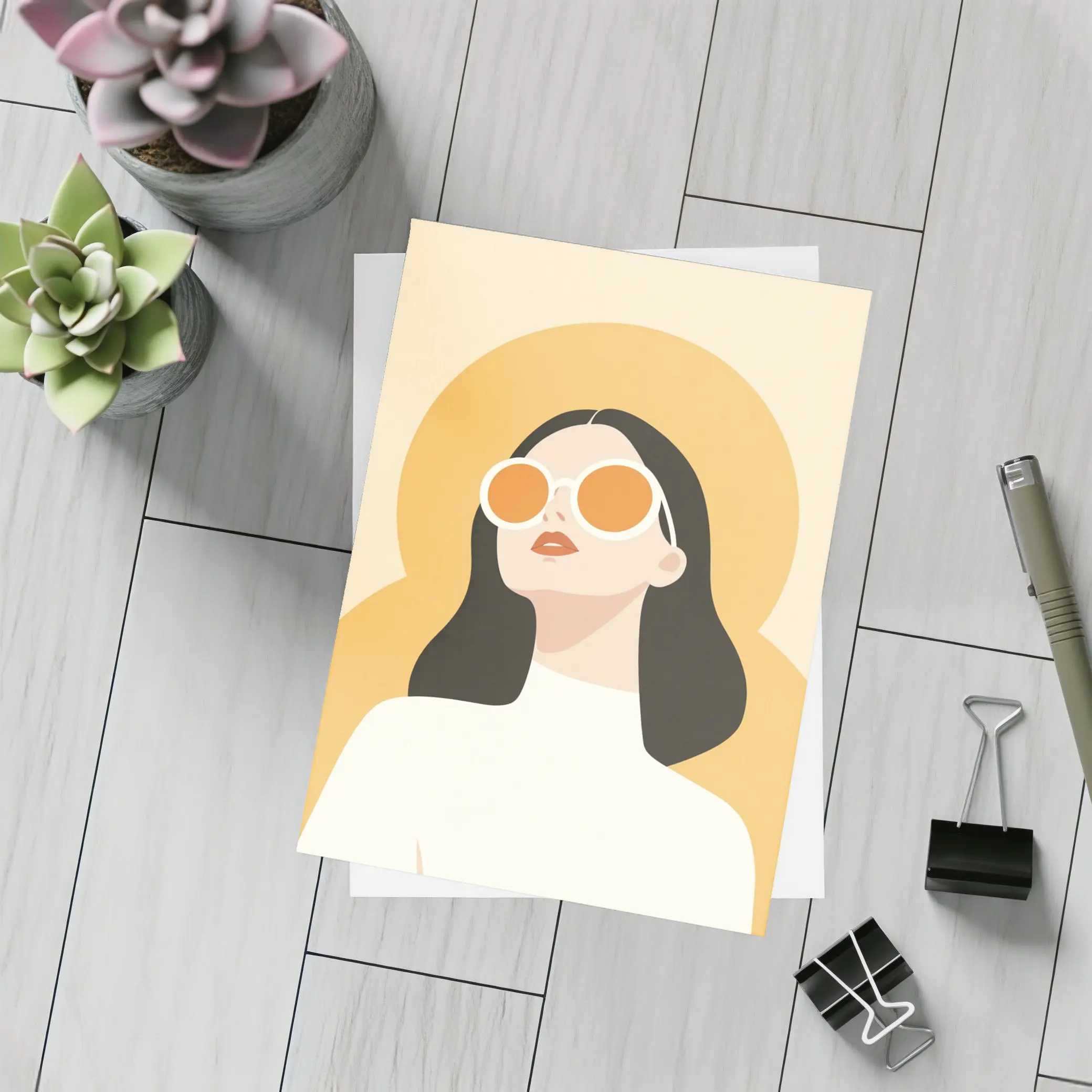Retro Woman Sunglasses Yellow Sun Background – Postcards