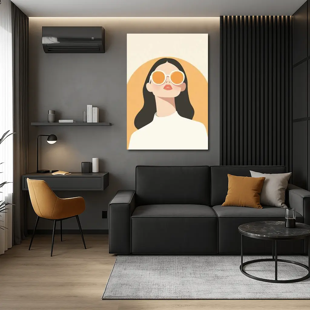 Minimal Woman Portrait Sunglasses Warm Beige Background – Wall Art