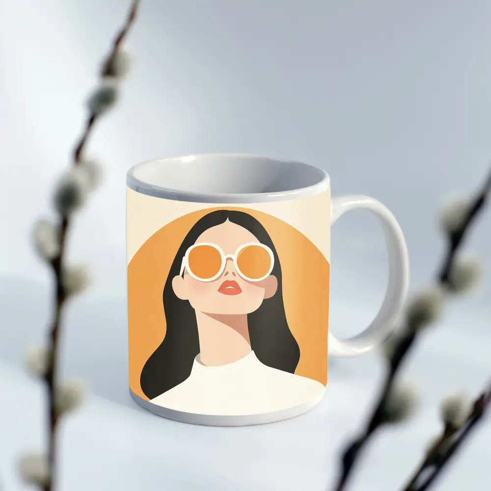 Minimal Woman Portrait Sunglasses Warm Beige Background – Mugs