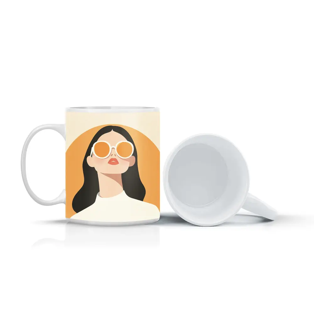 Minimal Woman Portrait Sunglasses Warm Beige Background – Mugs