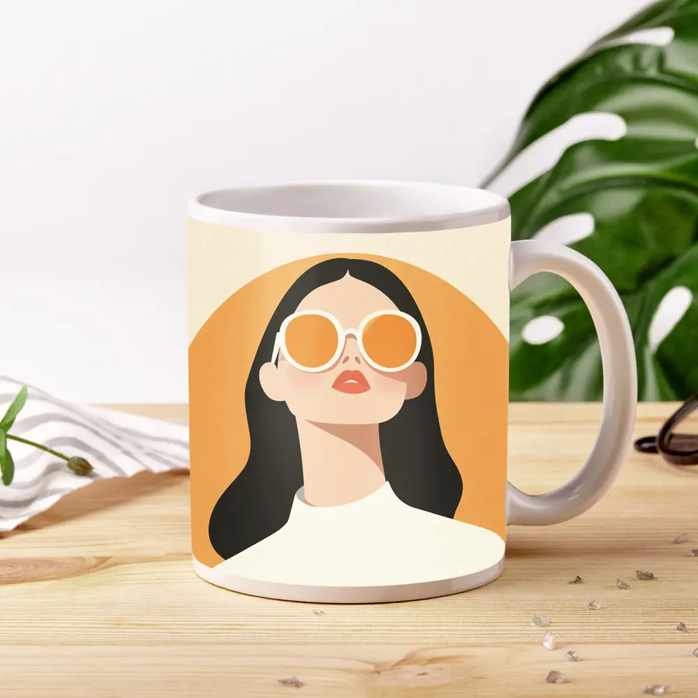 Minimal Woman Portrait Sunglasses Warm Beige Background – Mugs