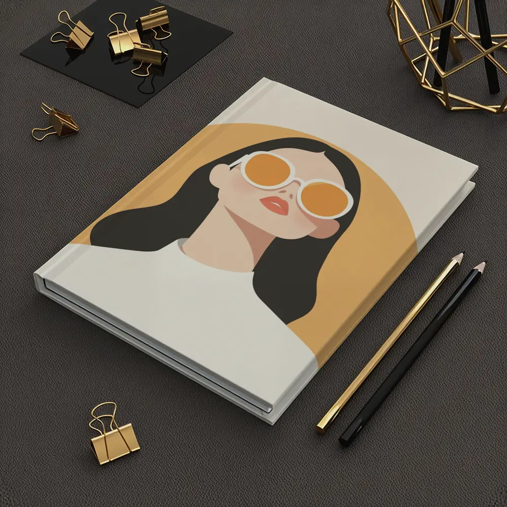 Minimal Woman Portrait Sunglasses Warm Beige Background – Notebooks
