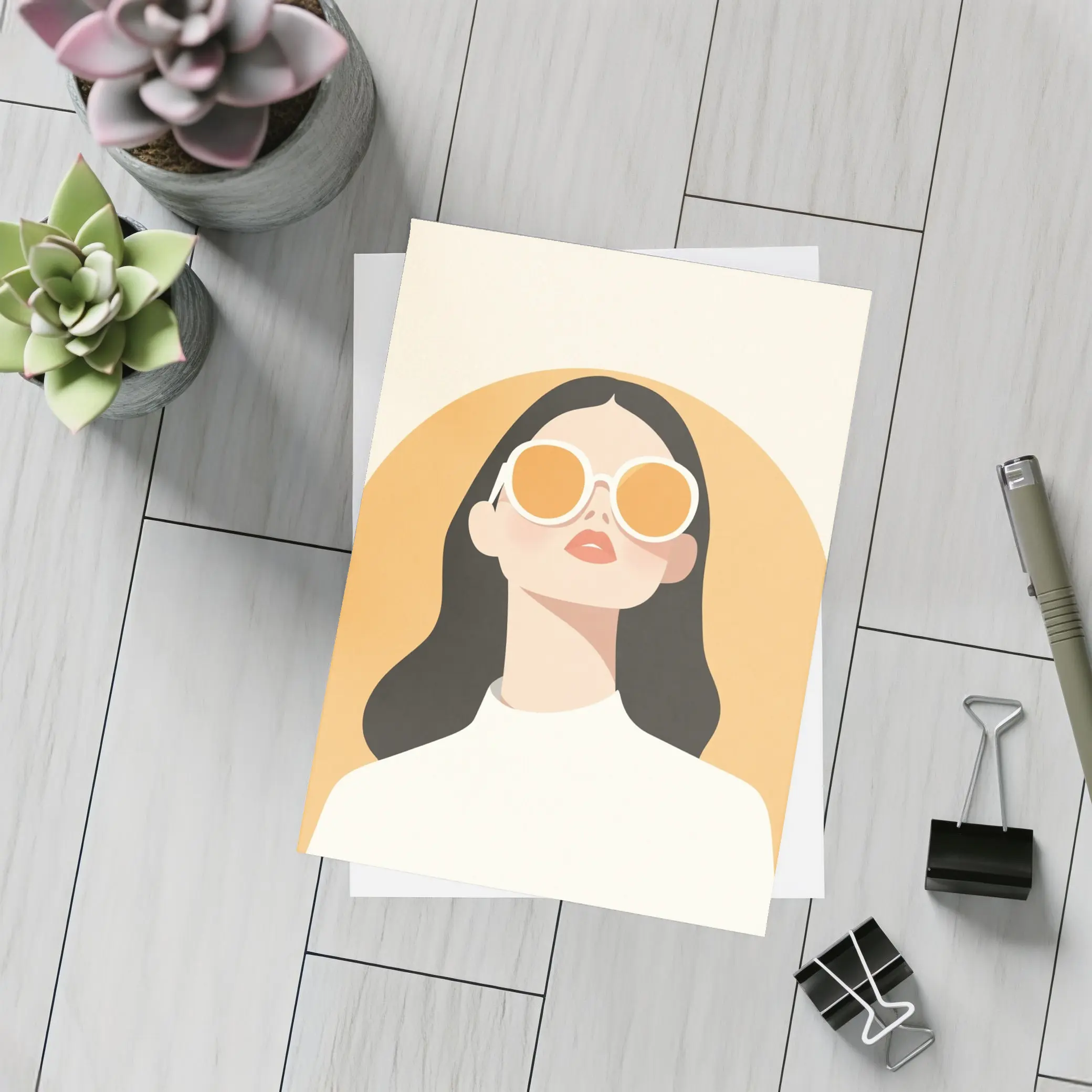 Minimal Woman Portrait Sunglasses Warm Beige Background – Postcards