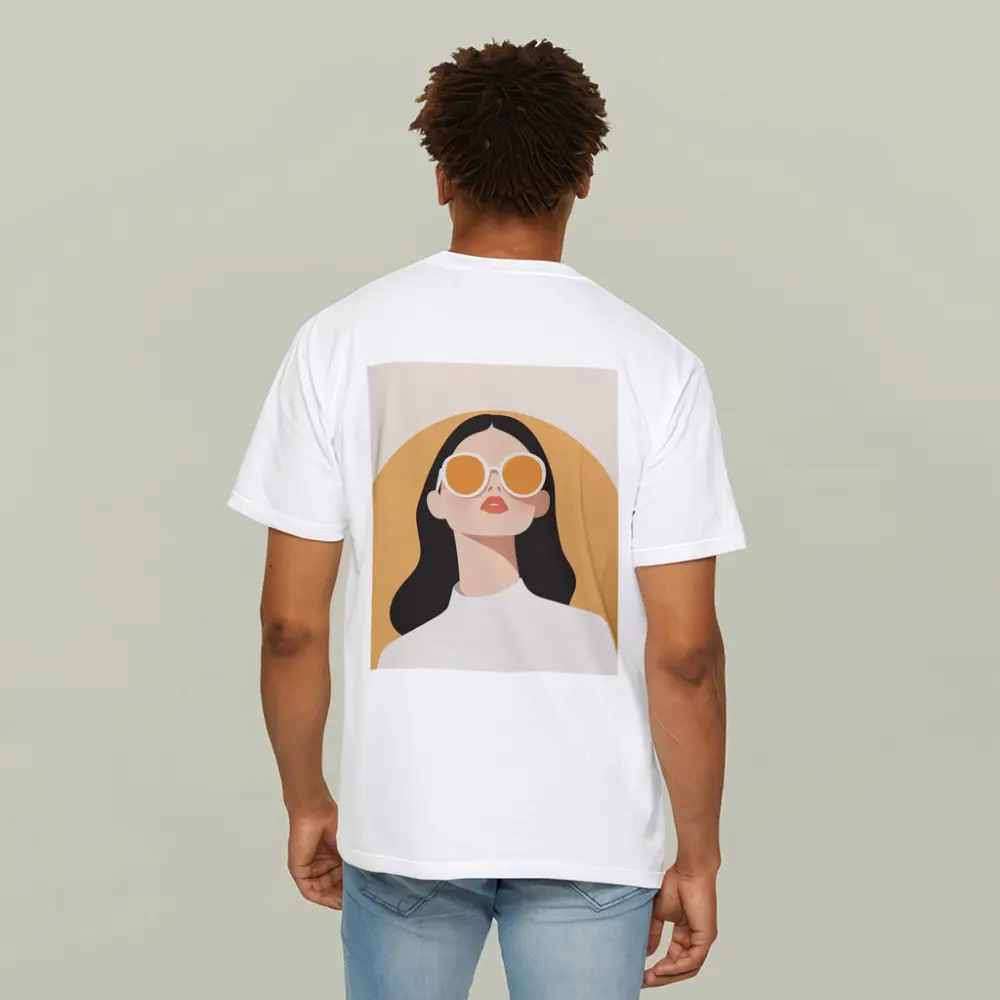 Minimal Woman Portrait Sunglasses Warm Beige Background – T-Shirts