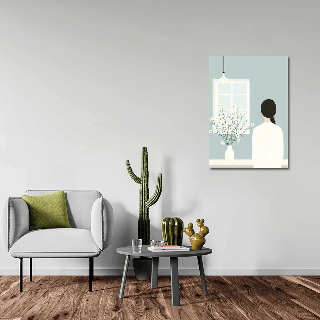 Woman by Window with Daisy Flowers Illustration – Wall Art
