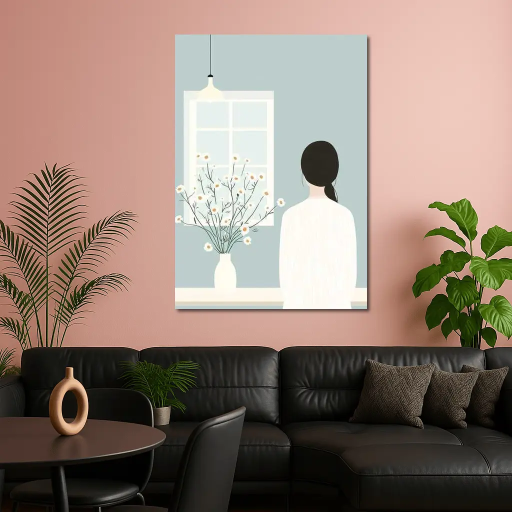 Woman by Window with Daisy Flowers Illustration – Wall Art