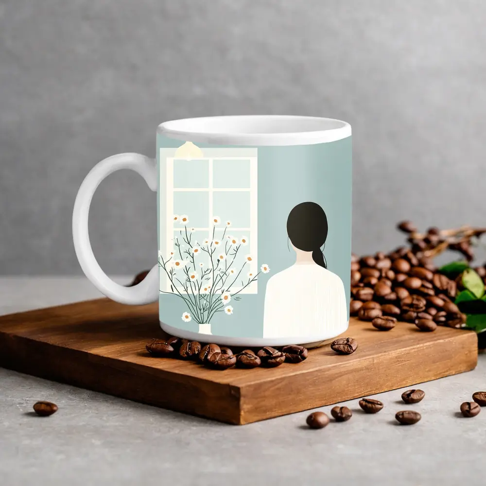 Woman by Window with Daisy Flowers Illustration – Mugs
