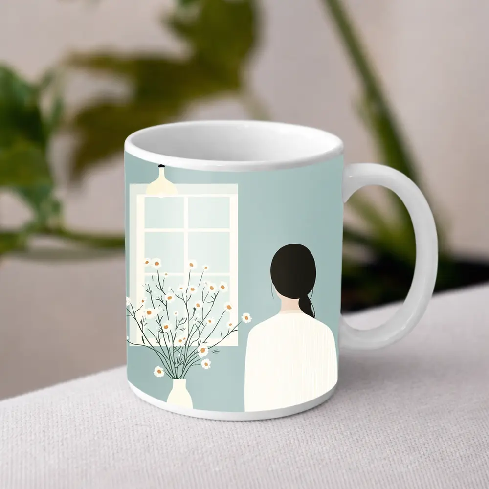 Woman by Window with Daisy Flowers Illustration – Mugs