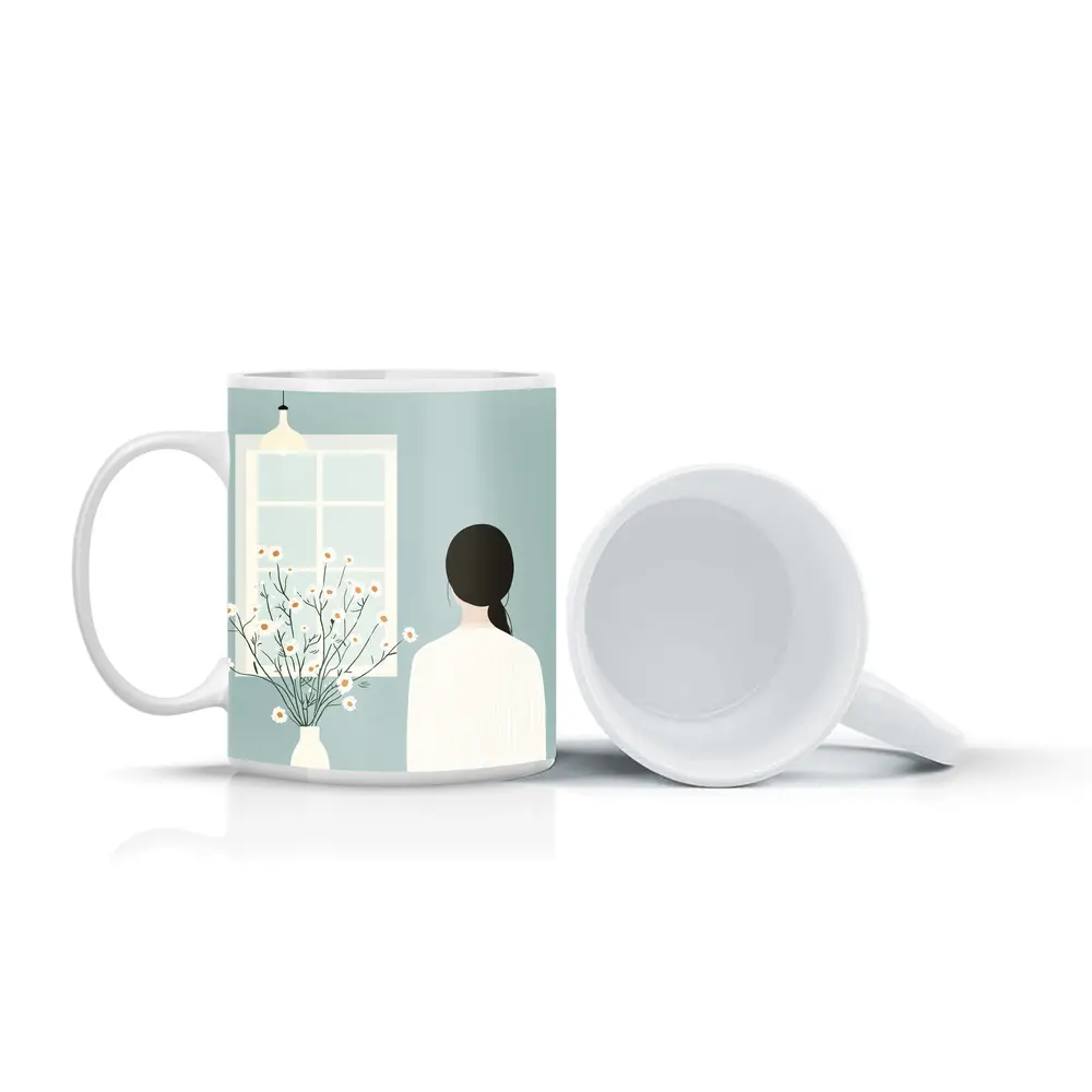 Woman by Window with Daisy Flowers Illustration – Mugs