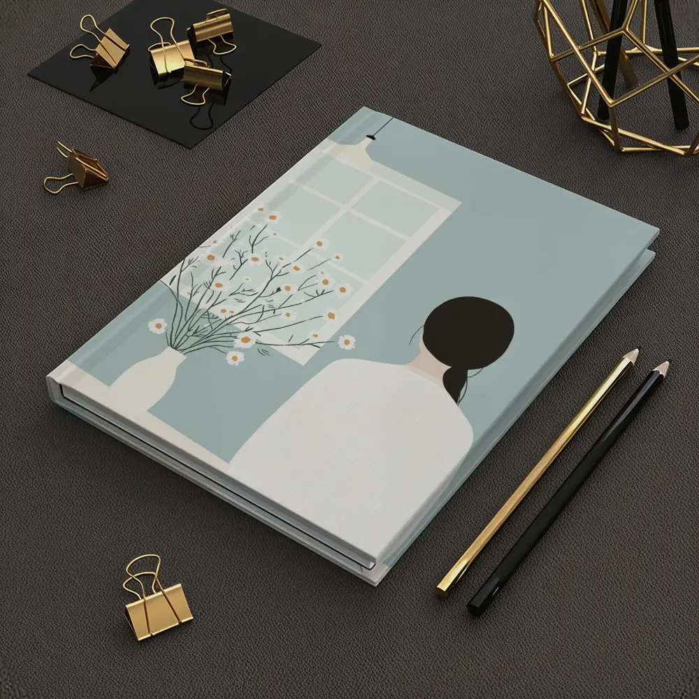 Woman by Window with Daisy Flowers Illustration – Notebooks