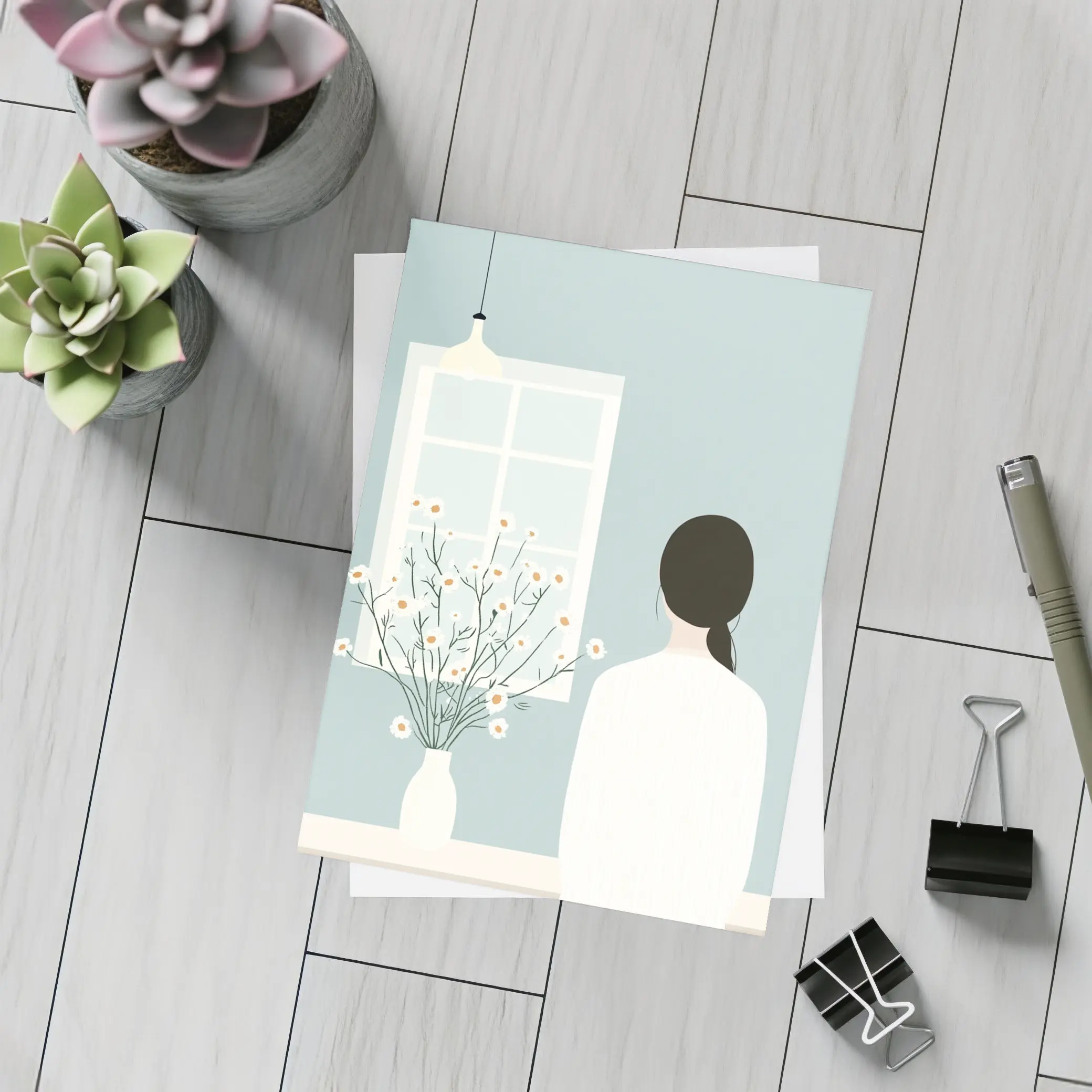 Woman by Window with Daisy Flowers Illustration – Postcards