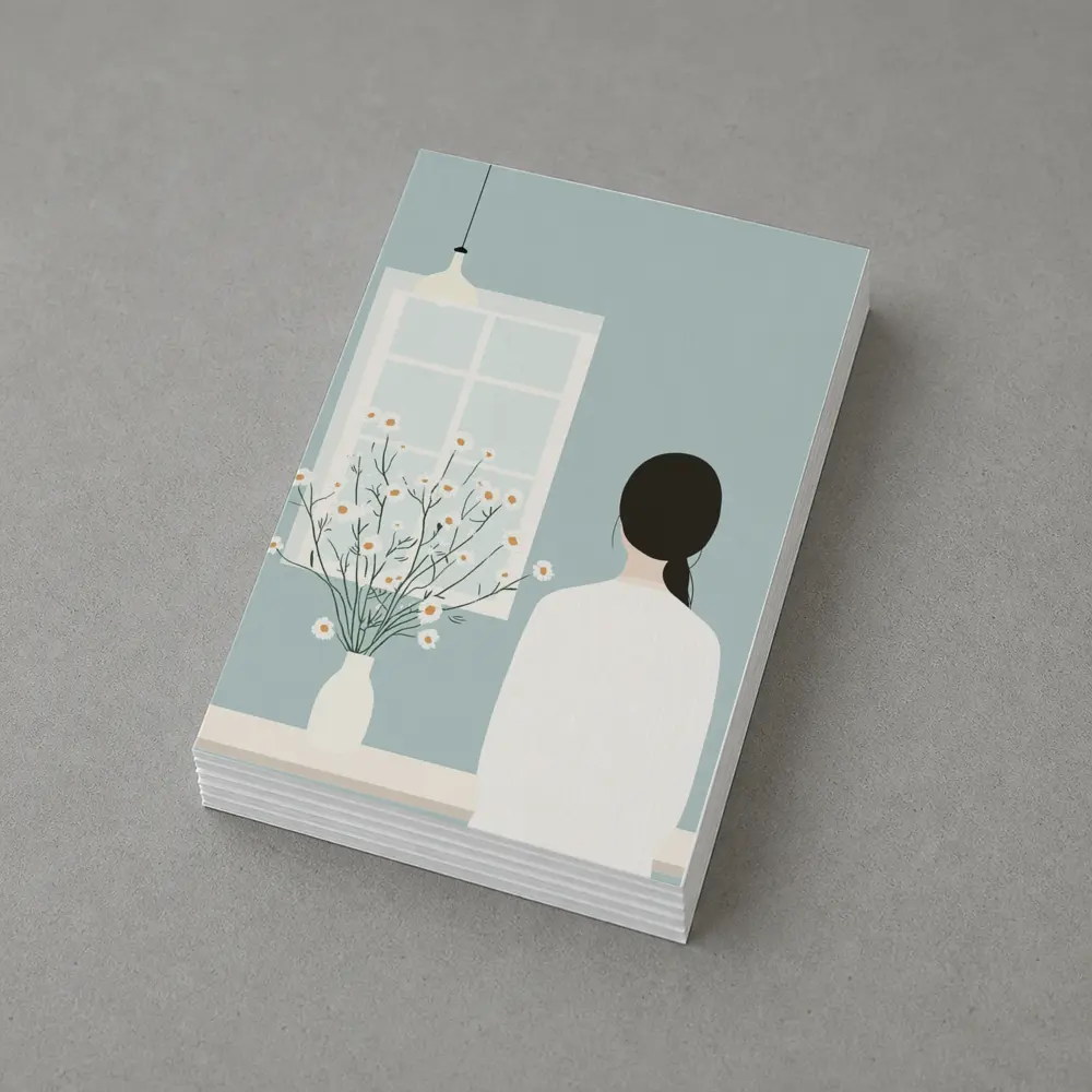 Woman by Window with Daisy Flowers Illustration – Postcards