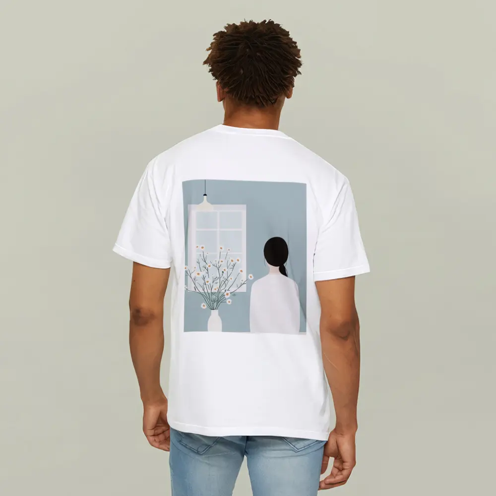 Woman by Window with Daisy Flowers Illustration – T-Shirts