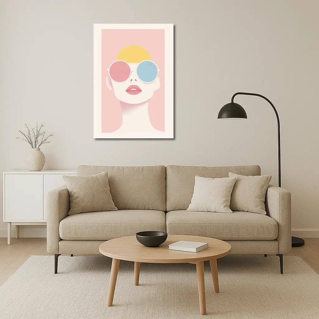 Minimalist Woman Portrait Oversized Sunglasses Pink – Wall Art