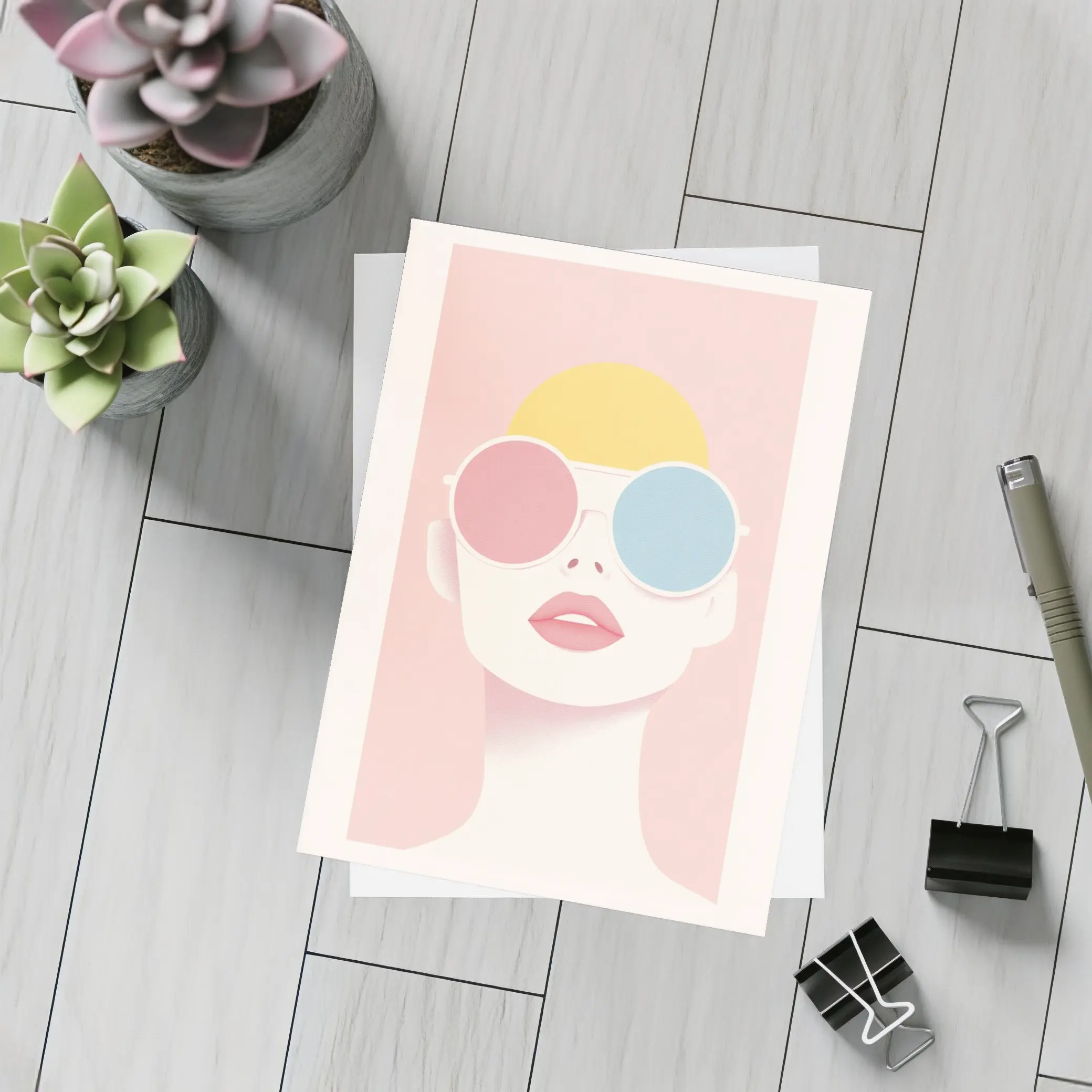 Minimalist Woman Portrait Oversized Sunglasses Pink – Postcards