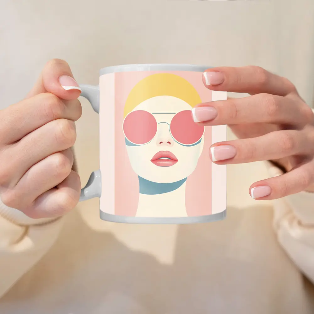 Minimalist Woman Portrait Pink Sunglasses Pastel – Mugs