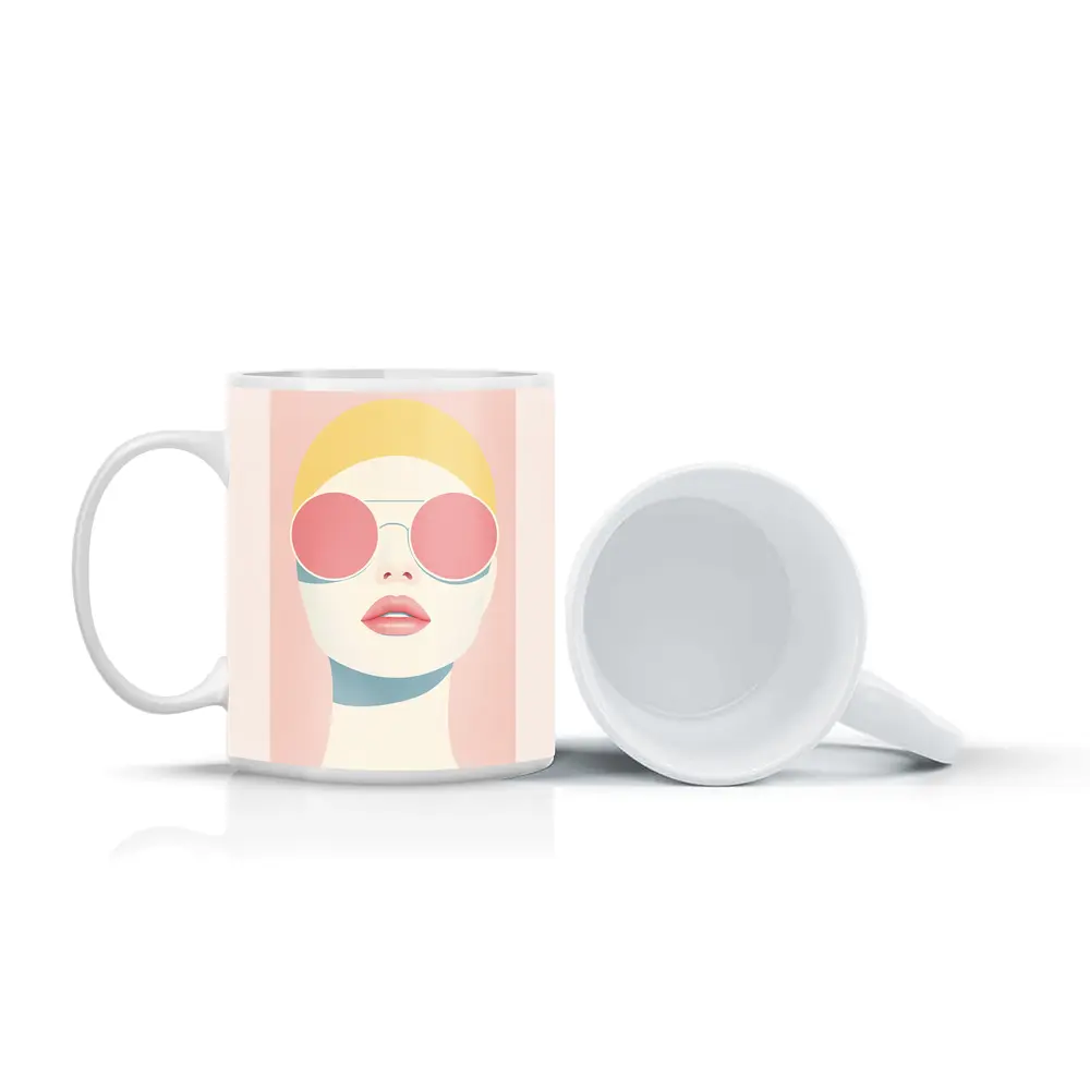 Minimalist Woman Portrait Pink Sunglasses Pastel – Mugs