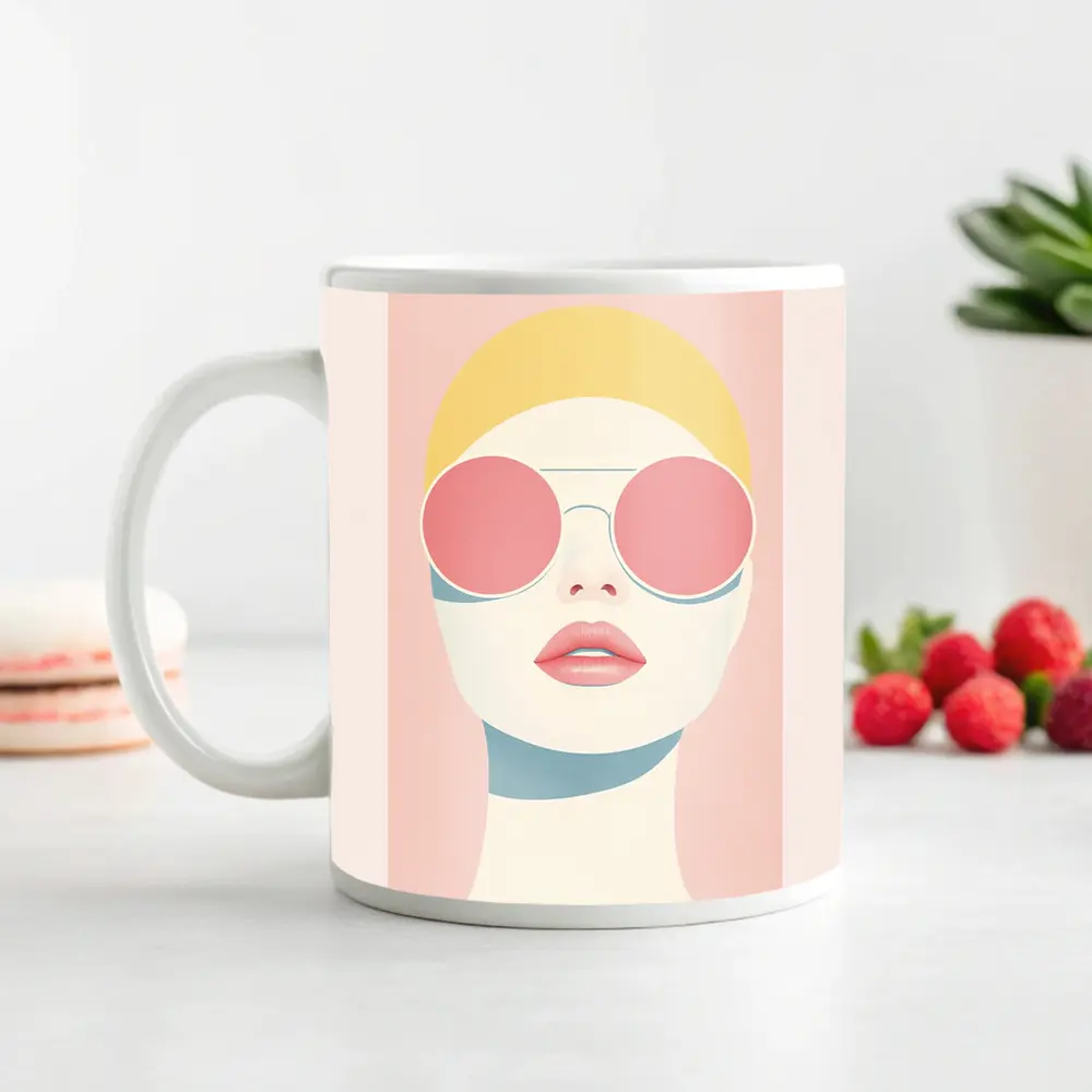 Minimalist Woman Portrait Pink Sunglasses Pastel – Mugs