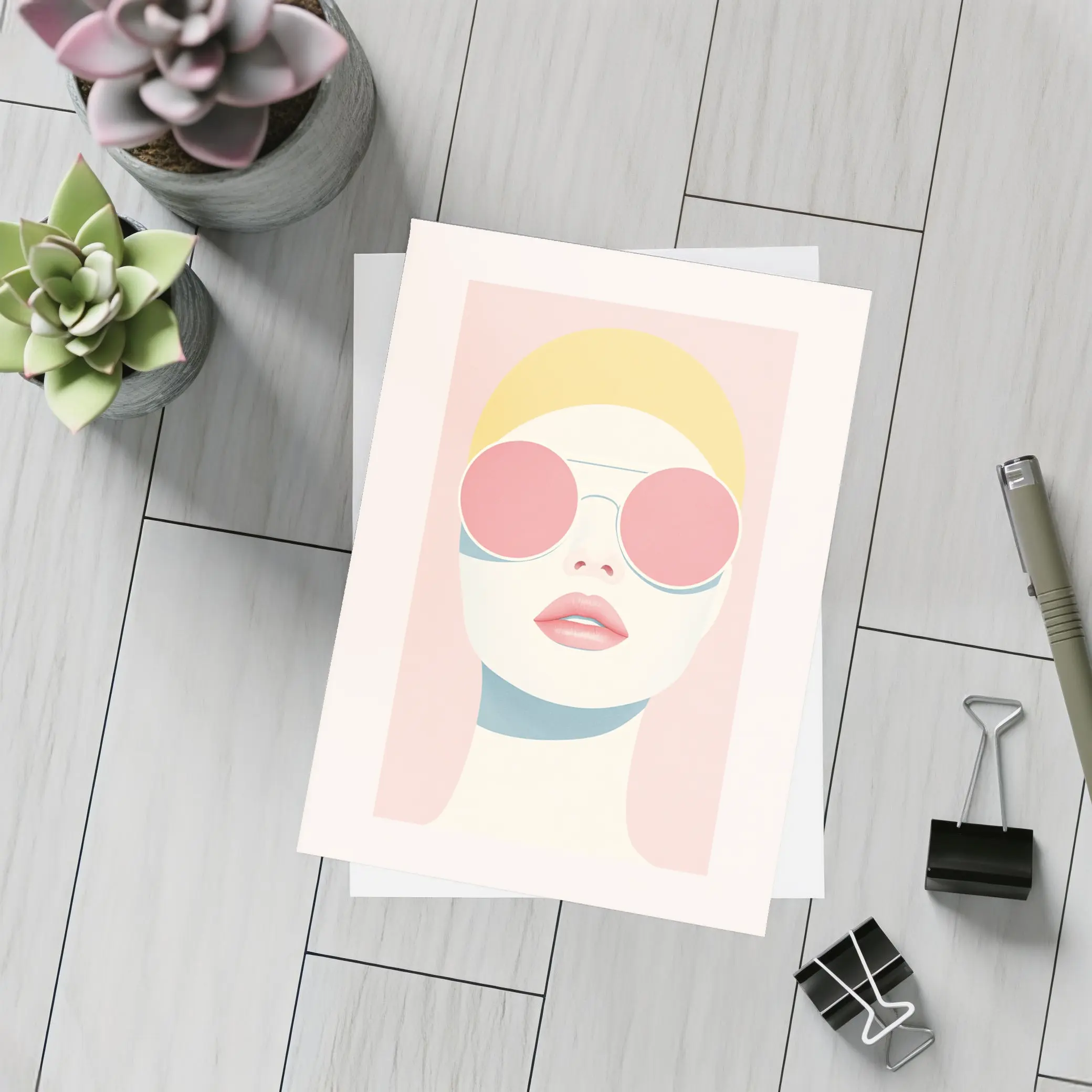 Minimalist Woman Portrait Pink Sunglasses Pastel – Postcards