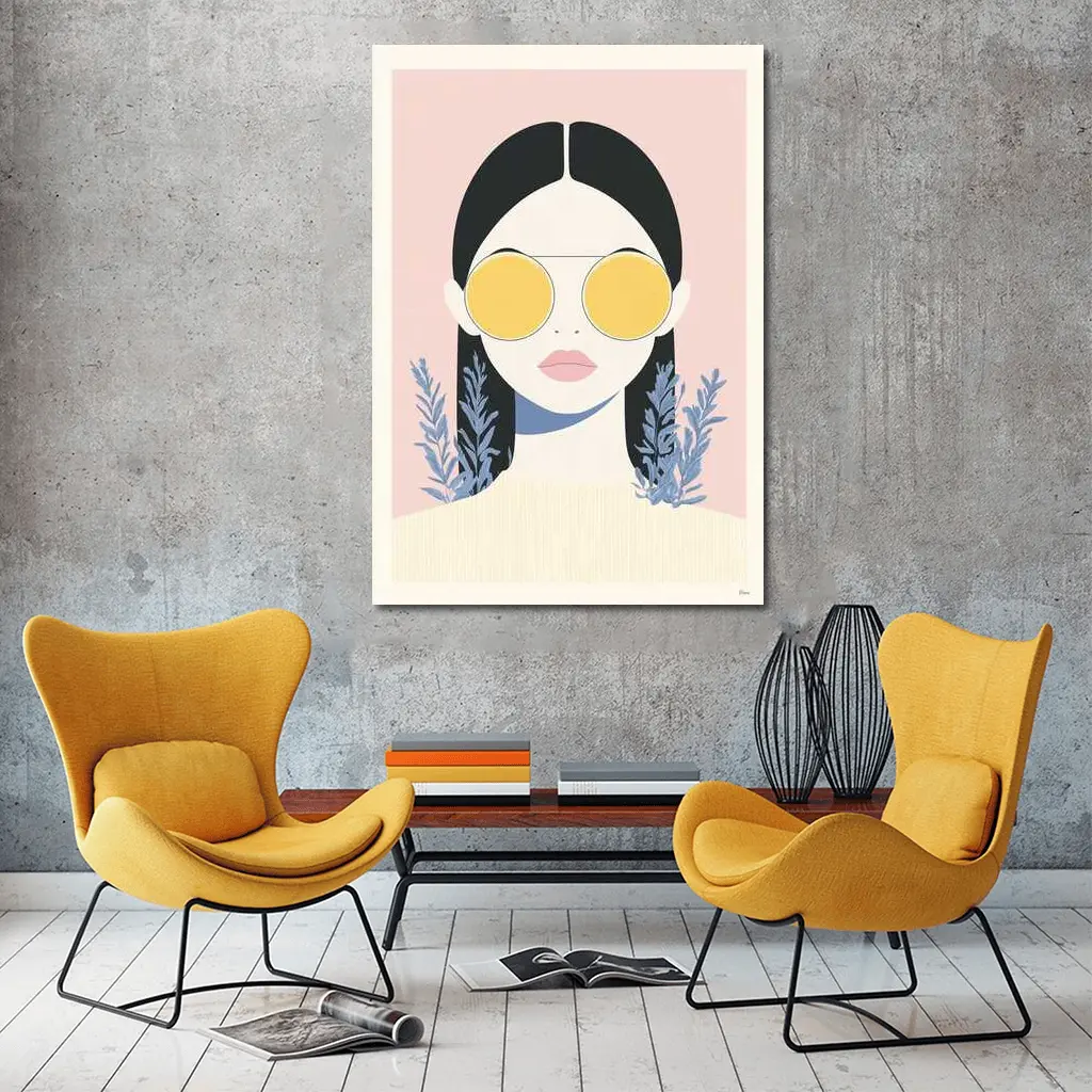 Minimal Woman Portrait Yellow Sunglasses Pink Background – Wall Art