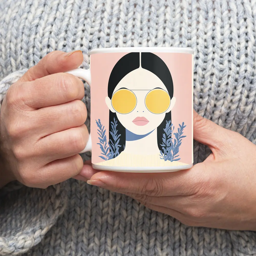 Minimal Woman Portrait Yellow Sunglasses Pink Background – Mugs